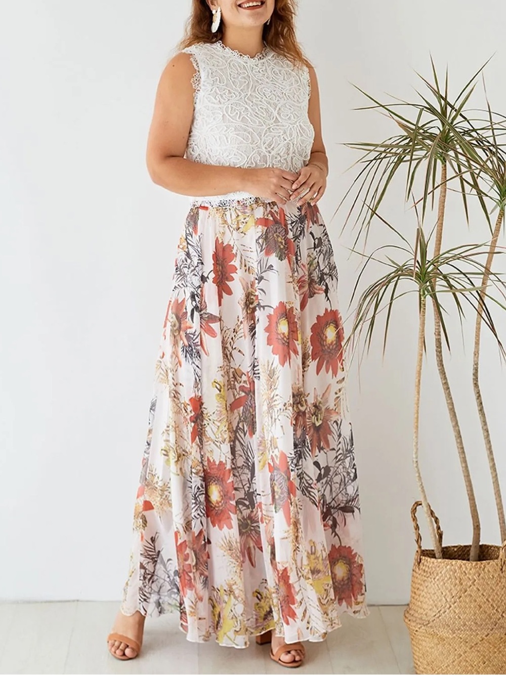 Chicwish Plus White Red Floral Blossom Chiffon Elastic Waist Boho Maxi Skirt